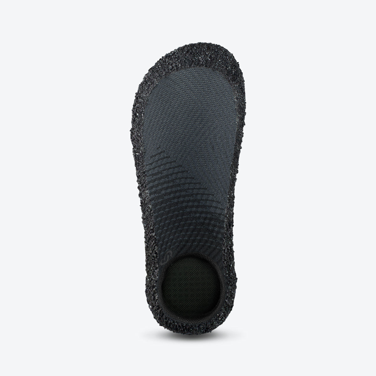 Top view of anthracite-colored Skinners sock shoe, featuring a soft knit upper and a sleek silhouette.