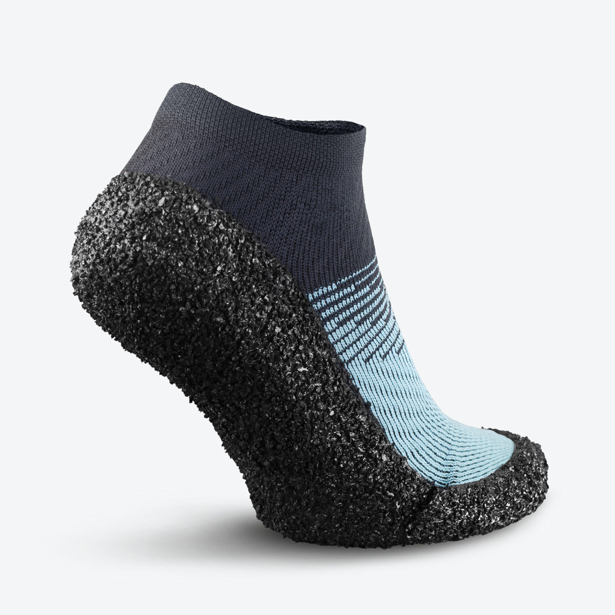 Back view of aqua-colored Skinners sock shoe, showcasing its ergonomic shape and reinforced heel.