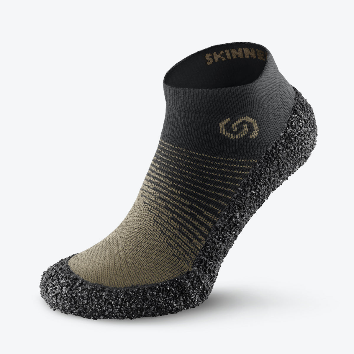 Side view of Skinners sock shoe in moss green, showcasing a sleek design with a supportive black sole.