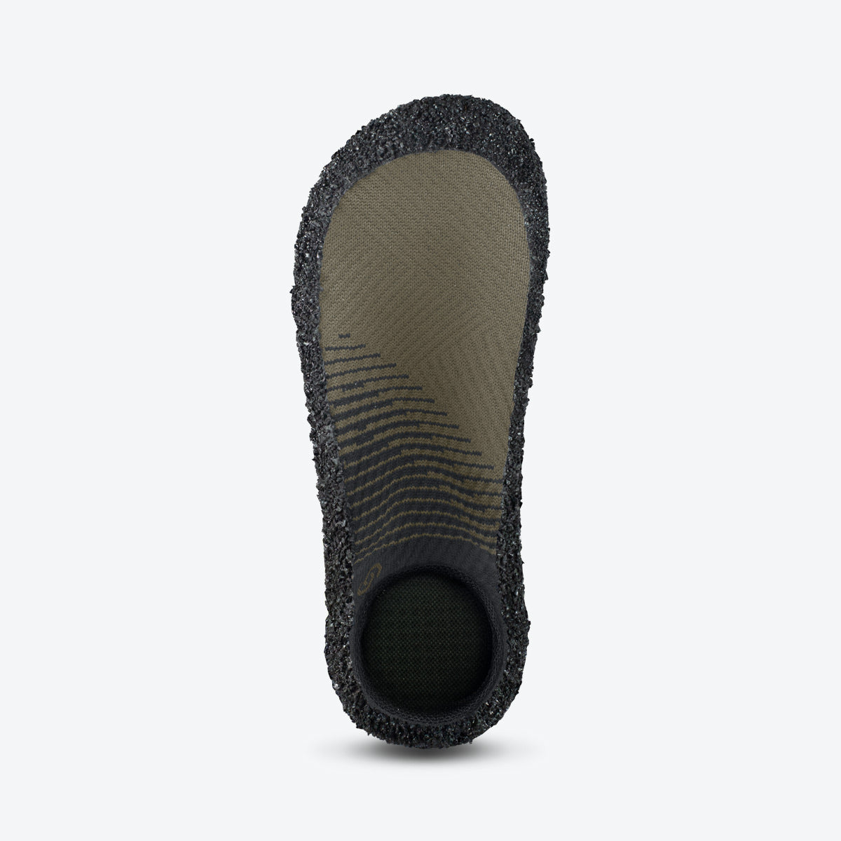 Top view of moss green Skinners sock shoe, emphasizing its soft, comfortable upper and snug fit.