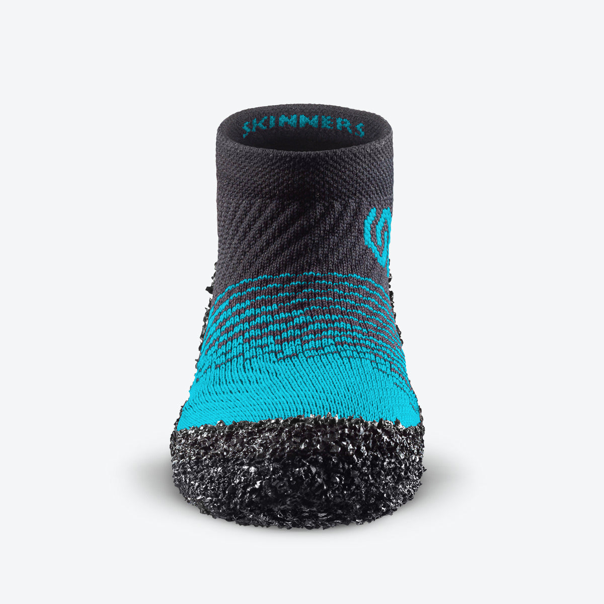 Front view of lagoon-blue Skinners KIDS-2 sock shoe, showcasing its sleek and supportive fit.