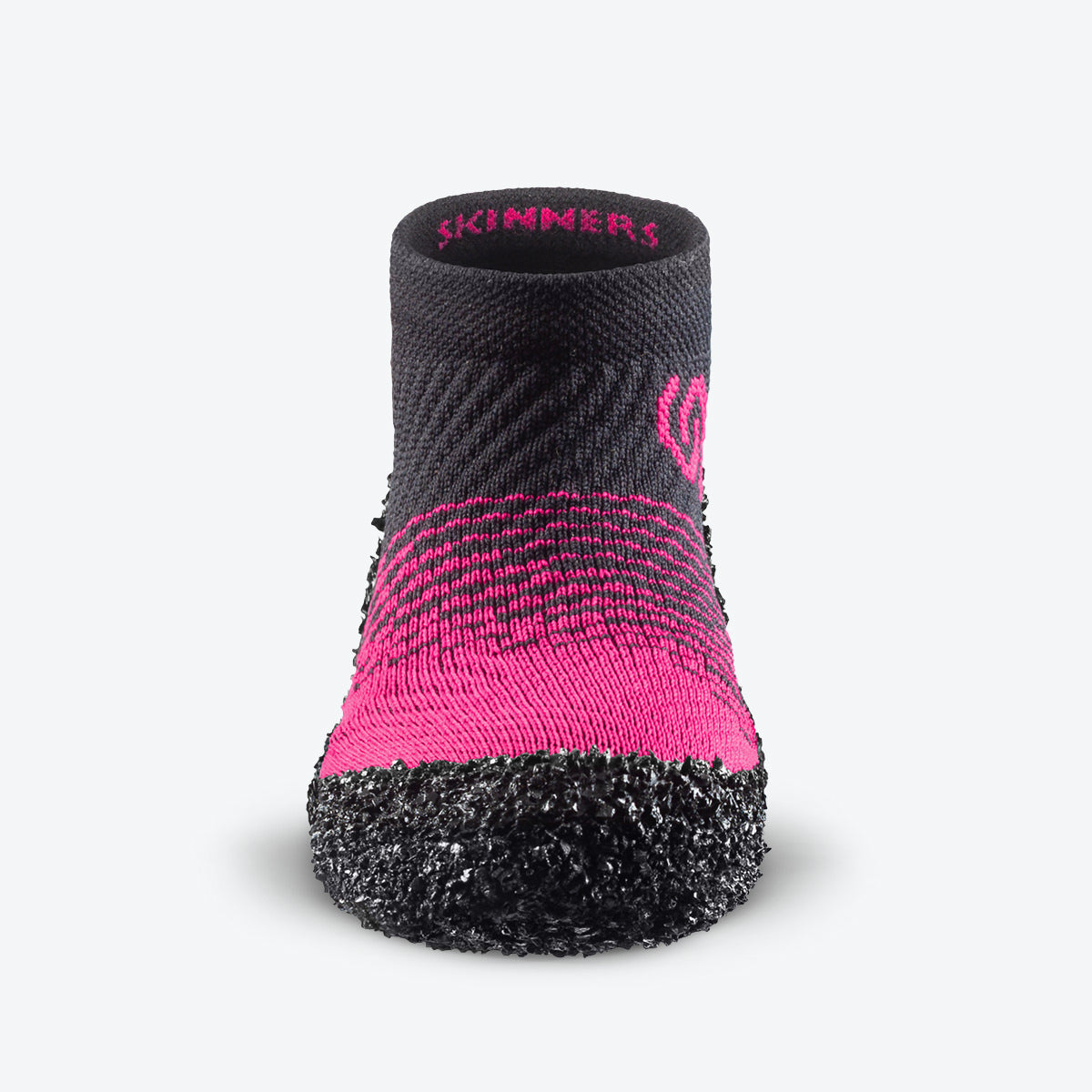 Front view of rose-colored Skinners KIDS-2 sock shoe, showcasing its sleek and supportive design.