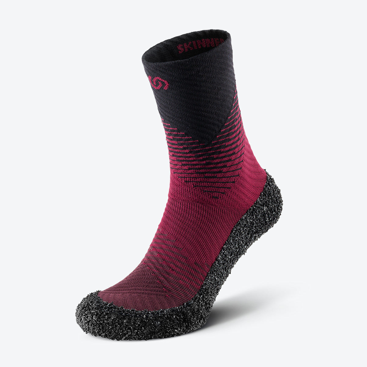 Front view of Carmine red Skinners compression socks, showcasing their stylish design and supportive fit.