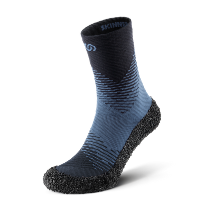 Front view of Pacific blue Skinners compression socks with a sleek and ergonomic fit, highlighting their modern design.