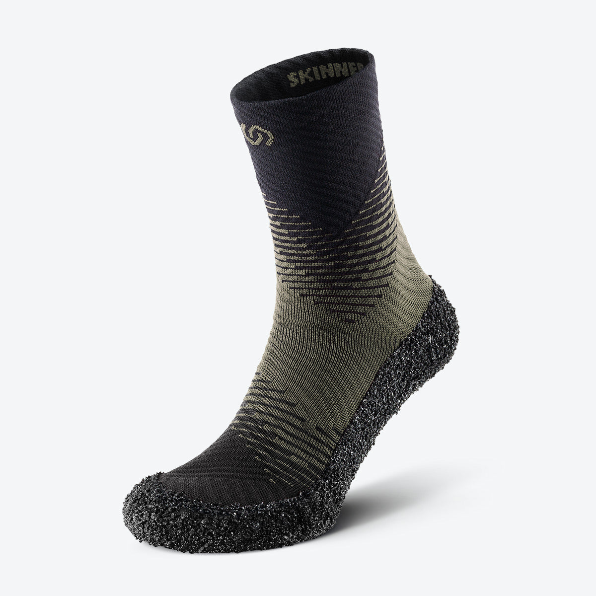 Front view of pine-colored Skinners compression socks, emphasizing their sleek and supportive design.